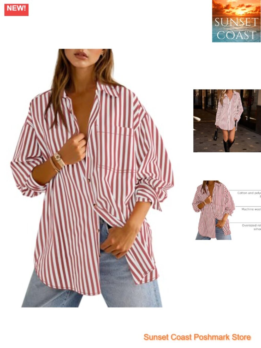 Oversized Striped Button Down Shirt Long Sleeve Collared Blouse